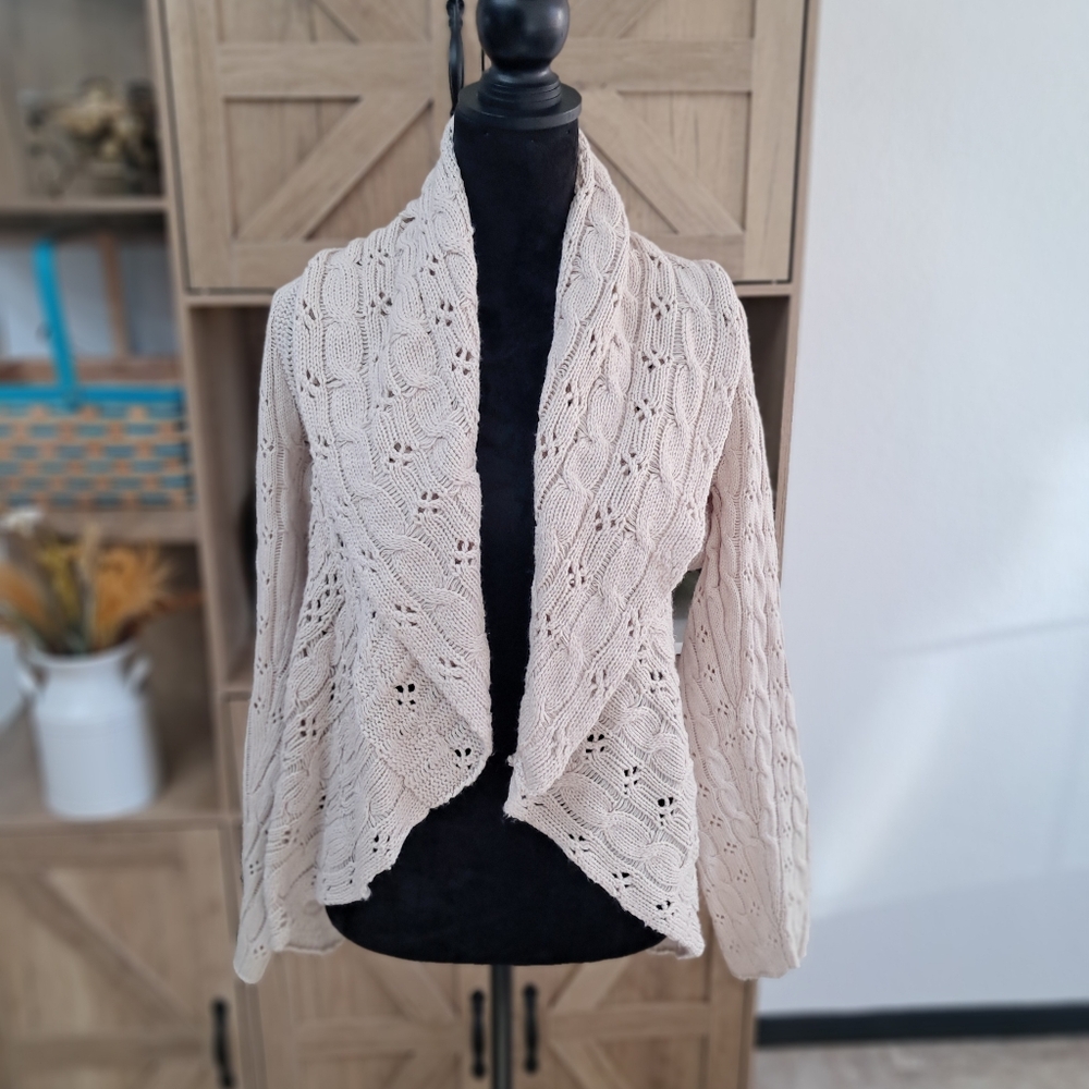 Apt. 9 Cable Knit Cardigan Sweater Open Front Long Sleeve Light Beige Cozy Warm